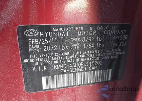 2011 Hyundai Elantra Gls (Ulsan Plant) z USA, uszkodzony, nr VIN KMHDH4AE0BU115202